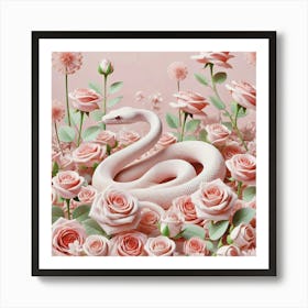 Pink Snake Surrounded By Pink Roses Art Print