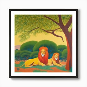 Lions Resting under Acacia Trees Series. Style of David Hockney 2 Art Print