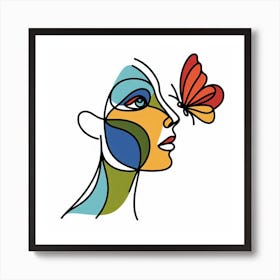 Picasso’s Muse: A Colorful Line Art of a Woman and a Butterfly Art Print