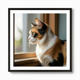 A contemplative portrait of a calico cat sitting beside an open window Art Print