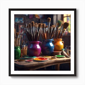 Blue, Pink and Yellow Paintbrush Pots Art Print