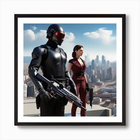 The Image Depicts A Woman In A Black Suit And Helmet Isstanding In Front Of A Large, Modern Cityscape 2 Art Print
