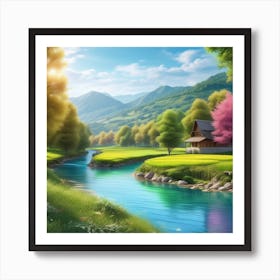 Landscape With House And River Art Print