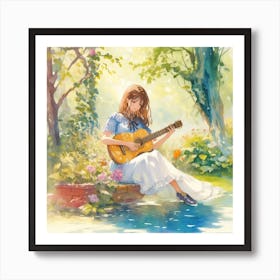 Beautiful Woman Playing Guitar In The Garde 1 Art Print