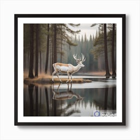 white deer standing over a lake Art Print