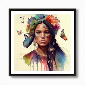 Watercolor Floral Indian Native Woman #11 Art Print