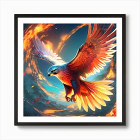 Majestic Falcon Soaring Through A Fiery Ring Feathers Adorned With Vivid Hues And Intricate Patter 1 Art Print