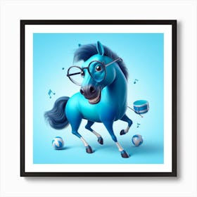 Blue Horse With Glasses Art Print