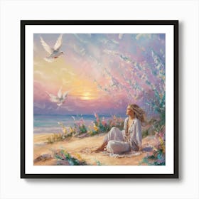 Doves On The Beach 3 Art Print