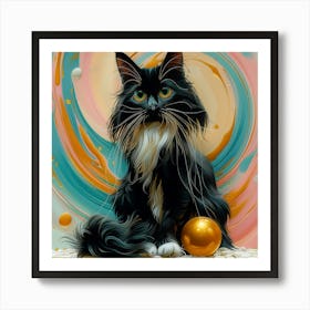 Black Cat With Gold Ball 2 Art Print