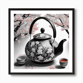 Firefly An Intricate Beautiful Japanese Teapot, Modern, Illustration, Sakura Garden Background 66701 Art Print