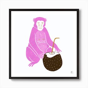 Pink Monkey With Coconut Square Art Print