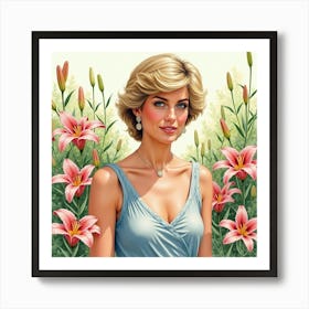 Beautiful Watercolor Portrait Of Princess Diana In A Garden Of Lilies 1 Art Print