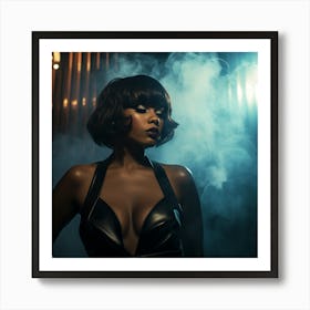 A Smoking Hot Voluptuous Sexy Black Woman In A Black Latex Dress Smoke in Back - Created by Midjourney Art Print