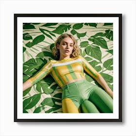 A Queer Model In A Yellow And Green Striped Top Lays On A Green And White Leaf Print Backdrop The Sc 1761942181 Art Print