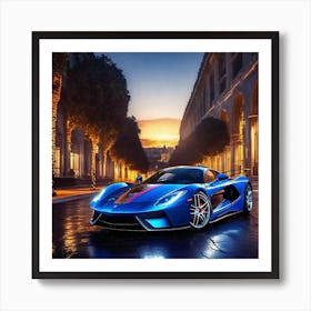 Blue Sports Car At Night 1 Art Print