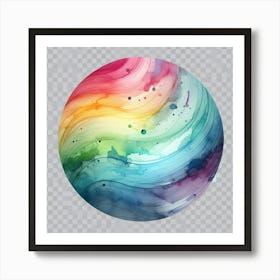 An abstract watercolor painting of a rainbow-colored planet with a blue and green surface, surrounded by a sea of stars and galaxies, with a bright, shining light in the center of the planet. Art Print