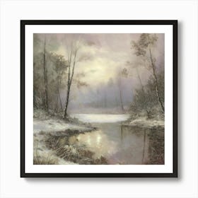 Ancient landscapes, old winter oil paintings and rocks around the lake bank. Snow is falling on the lake, old colors.7 Art Print