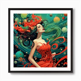 Girl In A Red Dress Art Print