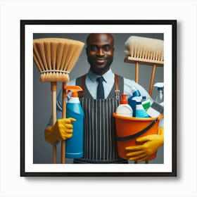 Janitor Holding Cleaning Supplies Art Print