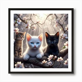 Three Kittens In Cherry Blossoms 3 Art Print