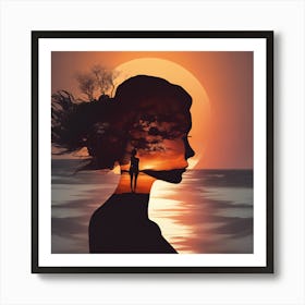 Sunset Silhouette Of A Woman Art Print