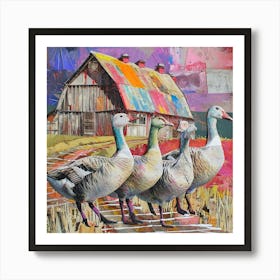 Kitsch Geese Collage Outside Barn 2 Art Print