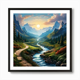 Path Through The Mountains, A Winding Path Through Various Landscapes Mountains Forests Rivers Indicating The Thrill Art Print