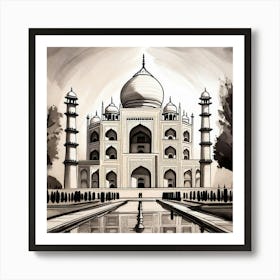 Monochromatic Sketch of the Taj Mahal in Light and Shadow Art Print