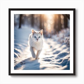 White Cat In The Snow Art Print