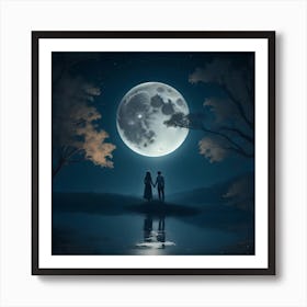 Romantic Night Fantasy With Full Moon Art Print