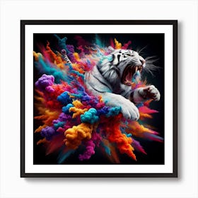 White Tiger With Colorful Smoke 1 Art Print