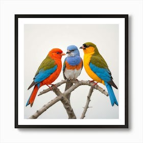 Three Birds Perched On A Branch Art Print