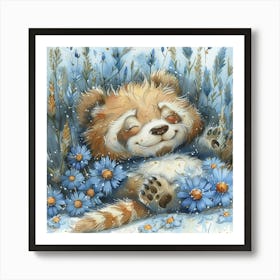 Panda In Flowers Blue White Grey Colour Art Print