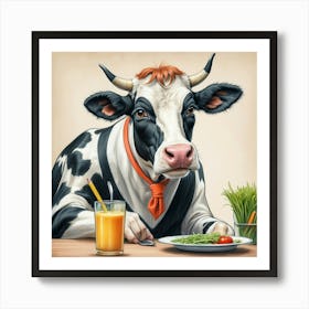 Cow At The Table Art Print