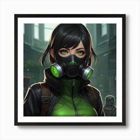 masterpiece, best quality, (Anime:1.4), black-haired girl, green eyes, small respirator mask, toxic environment, black leather outfit, epic portraiture, 2D game art, League of Legends style character 3 Art Print