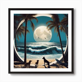 Dogs Full Moon, Sandy Parking Lot, Surfboards, Palm Trees, Beach, Whitewater, Surfers, Waves, Ocean, (1) Art Print