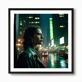 A Woman In The Heart Of New Yorks Night Raindrops Molding The Atmospheric Scene That Surrounds Her Art Print