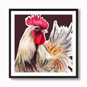 Rooster cock bird farm farmcore watercolor hand painted painting art square living room kitchen Art Print