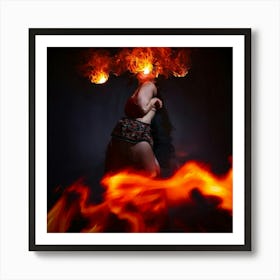 Woman Ablaze With A Backdrop Of Swirling Orange And Red Flames Intense Scarlet Eyes Locking The Vie Art Print