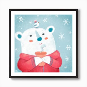 Polar Bear Bird And Coffee Square Art Print