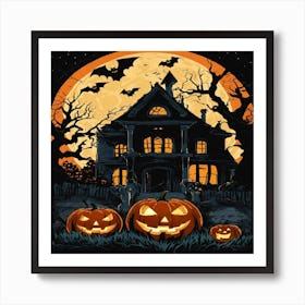 Halloween House With Pumpkins Art Print