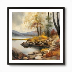 Autumn Lake,Forest Lake, Vintage Oil Painting, Farmhouse Wall Decorations, Antique Landscape, Vintage Landscape Oil Painting.2 5 Art Print