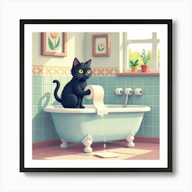 Bathroom Black Cat Toilet Paper Print Funny Art Print (4) Art Print