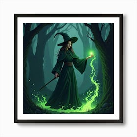 Witch Casting A Glowing Green Spell In A Darkened Forest Art Print