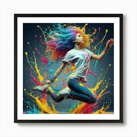 Colorful Girl Jumping In Paint Splash Art Print