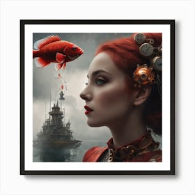 Steampunk Girl With Fish Art Print