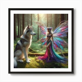 Fairy in the woods with a wolf Art Print