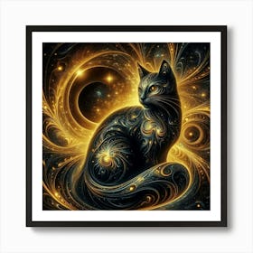 Black Cat With Golden Swirls Art Print