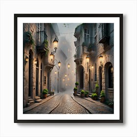 Street In The Fog Silent Night in Old Europe: Atmospheric Street Scene with Cobblestones Art Print